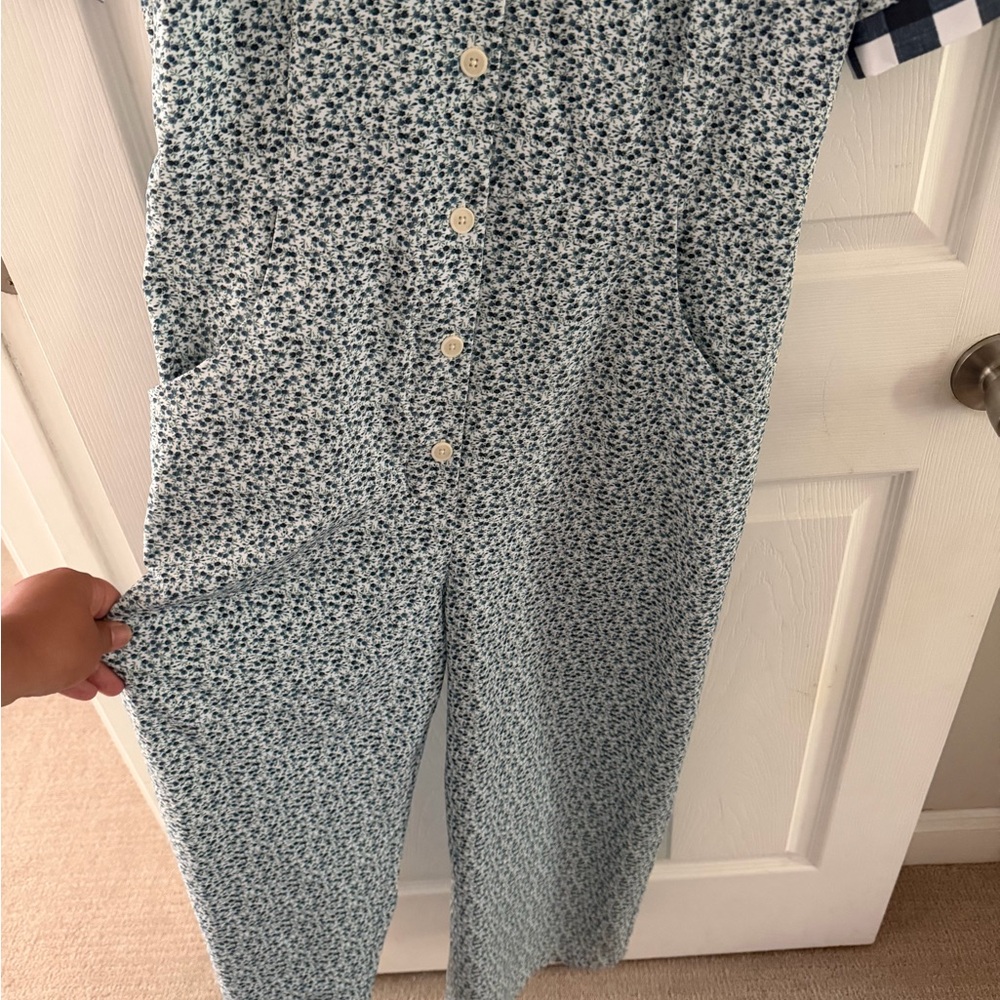 Girls Light Blue Floral Pajama Jumpsuit with Navy Gingham Trim - Picture 2 of 4